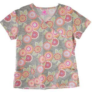 I Love Scrubs Womens Size M Gray Floral Scrub Top Medical Nurse